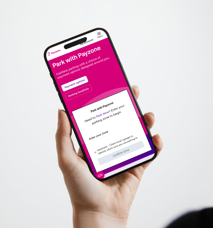 Park now page on Payzone website displayed on a mobile phone